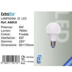 LAMPADINA LED E27 8W 760LM LUCE FREDDA QTA/96