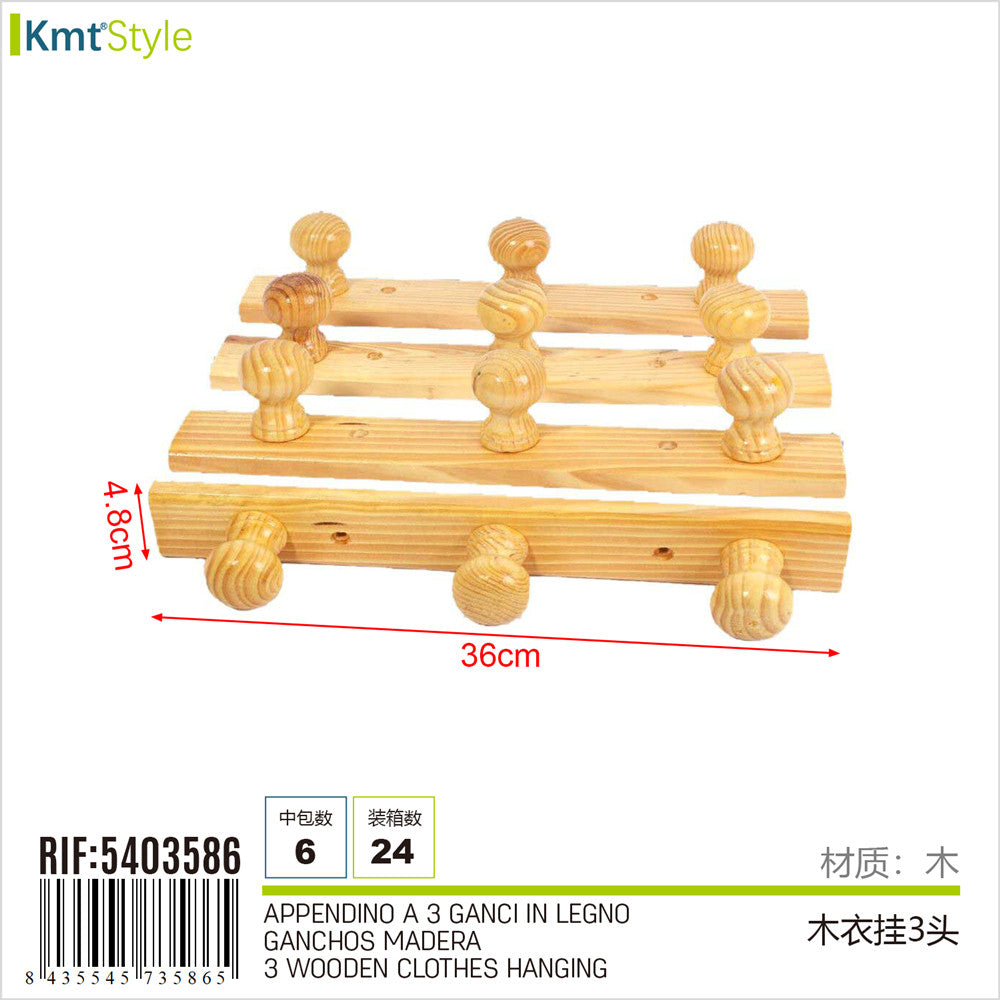 APPENDINO A 3 GANCI IN LEGNO 37*5CM
