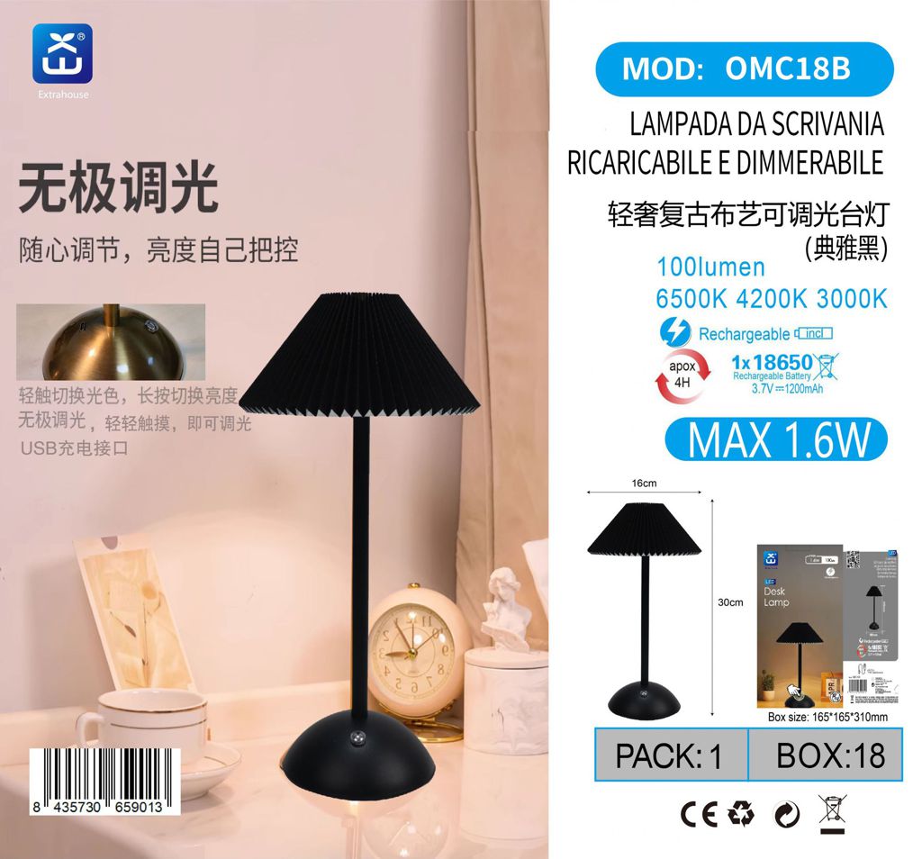 LAMPADA DA SCRIVANIA 1.6W 100LM RICARICABILE E DIMMERABILE QTA/18